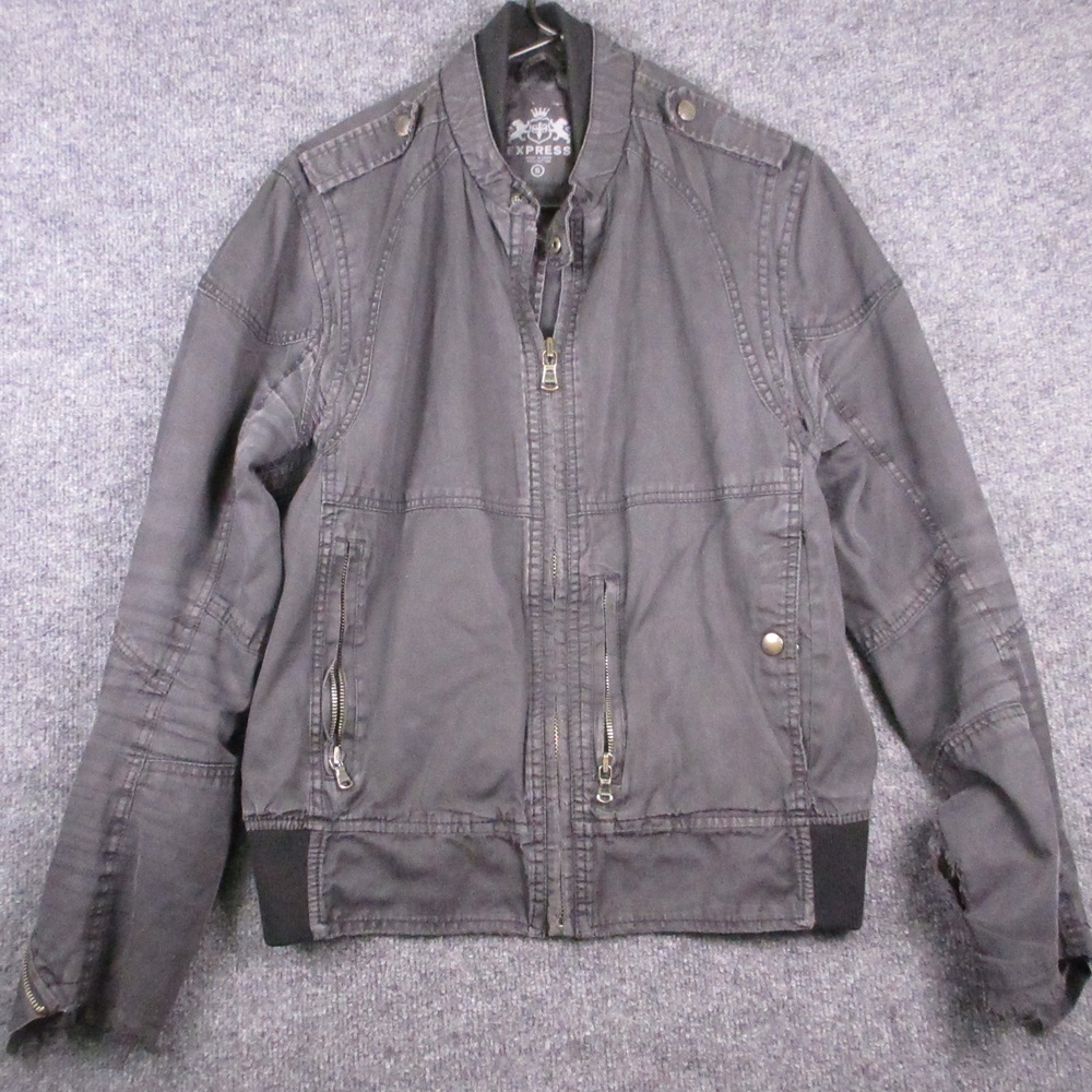 Y2K Express Jacket Mens Small Gray Cotton Bomber Moto Full Zip Pockets Casual